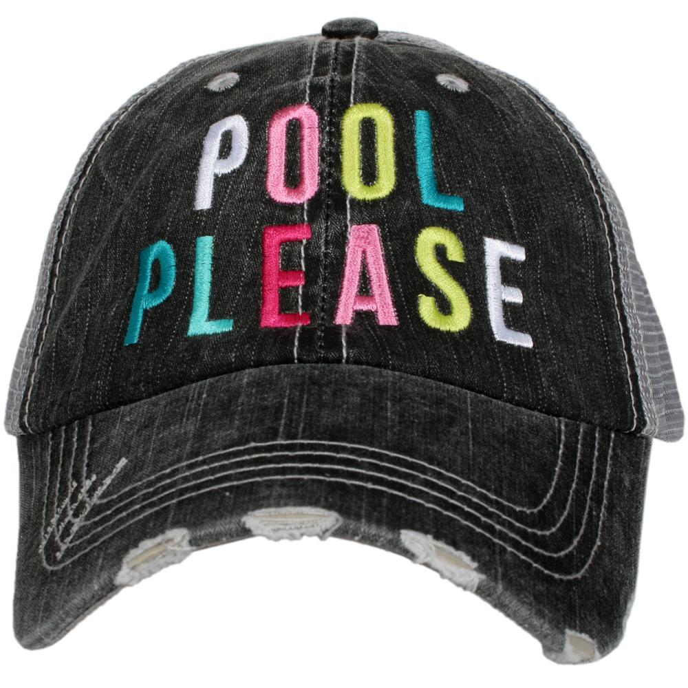 Pool Please trucker hat from Katydid with model wearing teal color poolside