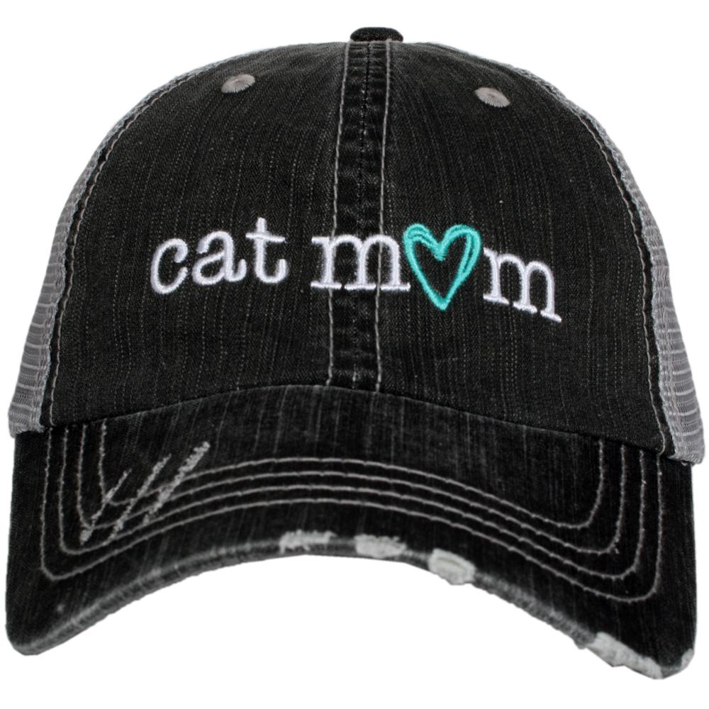Cat Mom trucker hat with black front panel and visor, grey mesh. Designed by Katydid