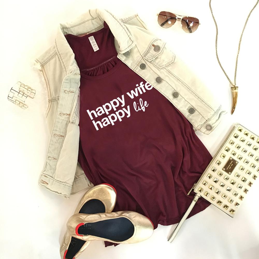 Happy Wife Happy Life Fashion Tank Top in maroon surrounded by fashion accessories