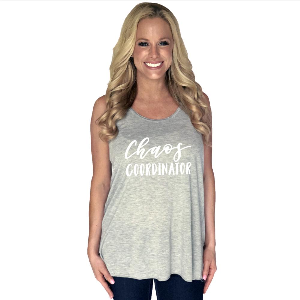 Chaos Coordinator tank top in Grey with message on front from Katydid