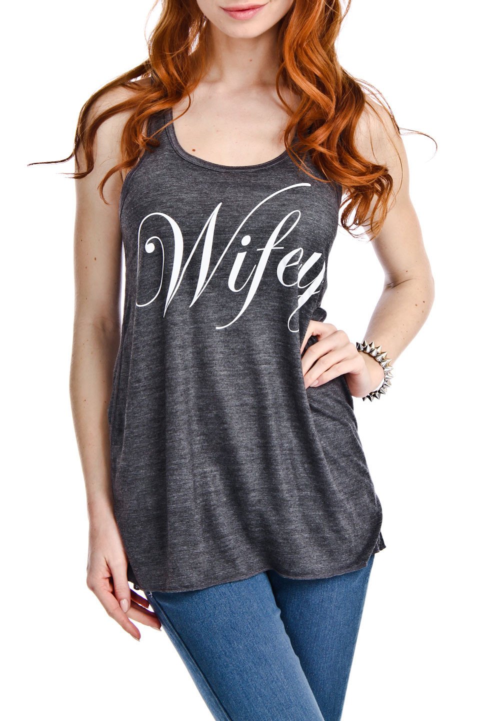 Wifey Tank Top flowy cotton/polyester tank in grey