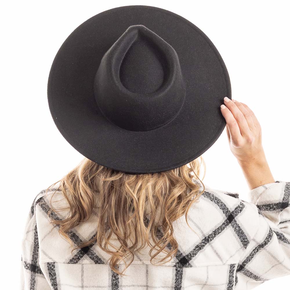 Black Wide Brim Felt Hat for Women with formed crown