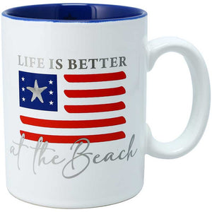 Life Is Better At The Beach mug with red, white, and blue flag decal