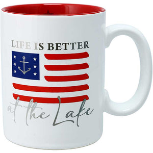 Life Is Better At The Lake mug with red, white, and blue flag decal