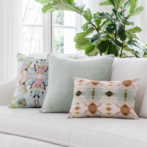 Under The Sea Dark Green linen pillow from Laura Park Designs in sofa display
