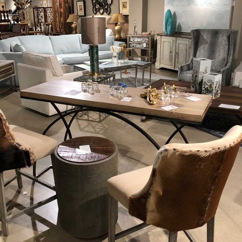 Monarch Console with oyster maple top on iron base lifestyle