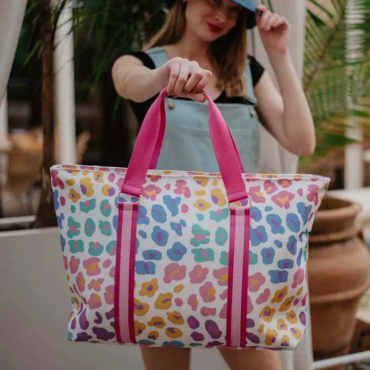 Multicolored Leopard Tote in a rainbow of muted pastel colors is lightweight and durable