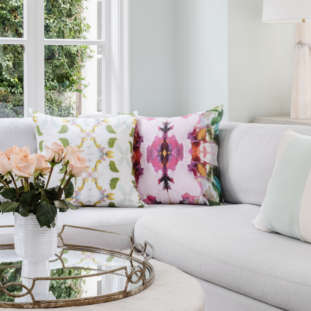 Namaste Pink Linen Throw Pillow in sofa display