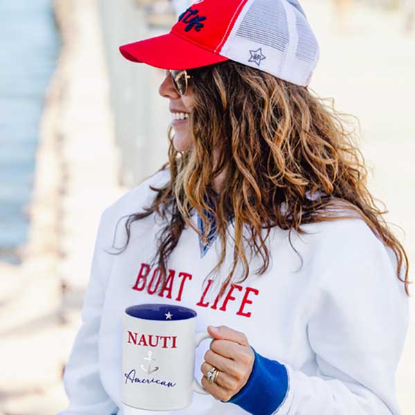 Nauti American 18 oz. mug stoneware with red and blue print lifestyle image