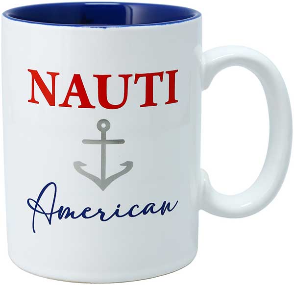 Nauti American 18 oz. mug stoneware with red and blue print