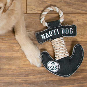 Nauti Dog canvas chew toy with squeaker made of polyester and cotton lifestyle with dog
