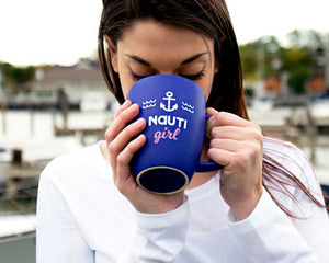 Nauti Girl Cup 20 oz. stoneware matte blue finish with slogan woman drinking