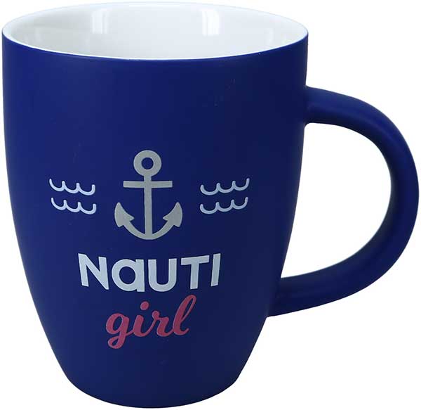 Nauti Girl Cup 20 oz. stoneware matte blue finish with slogan