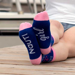Nauti Girls Ladies Socks comfy blue and pink crew socks sole view