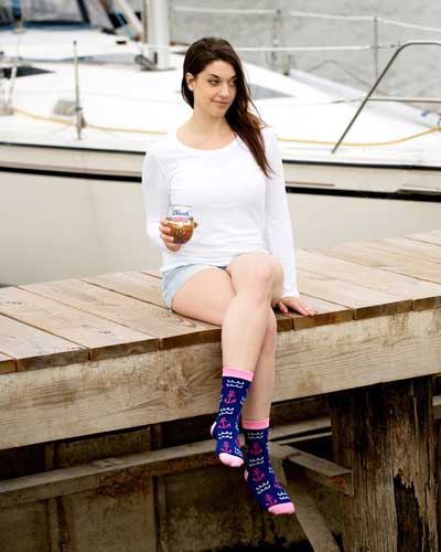 Nauti Girl stemless wine glass 18 oz. glass liestyle image with model