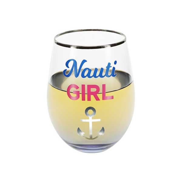 Nauti Girl stemless wine glass 18 oz. glass with applied decals