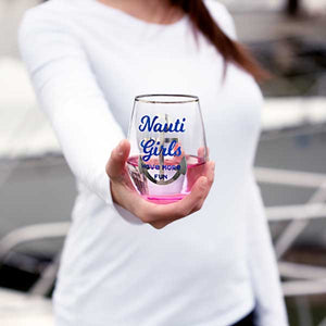Nauti Girls Have More Fun stemless wine glass with slogan decal close up