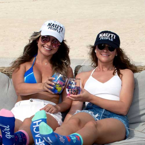 Nauti People white ball cap with embroidered slogan friends cheer