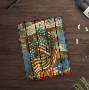 Old Glory Vintage American Flag Cutting Board displayed on table with cork screw and wine bottle