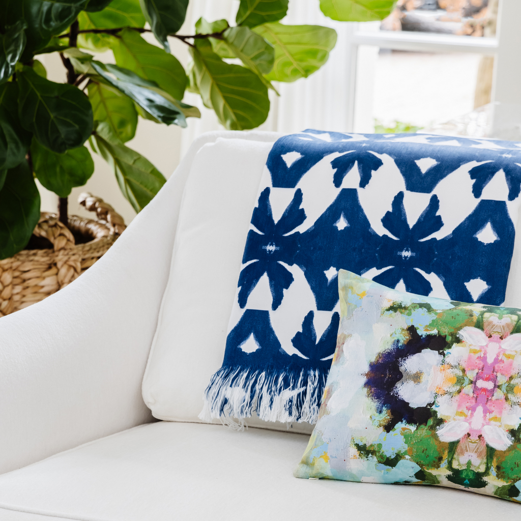 Palm Navy Throw Blanket with linen throw pillow