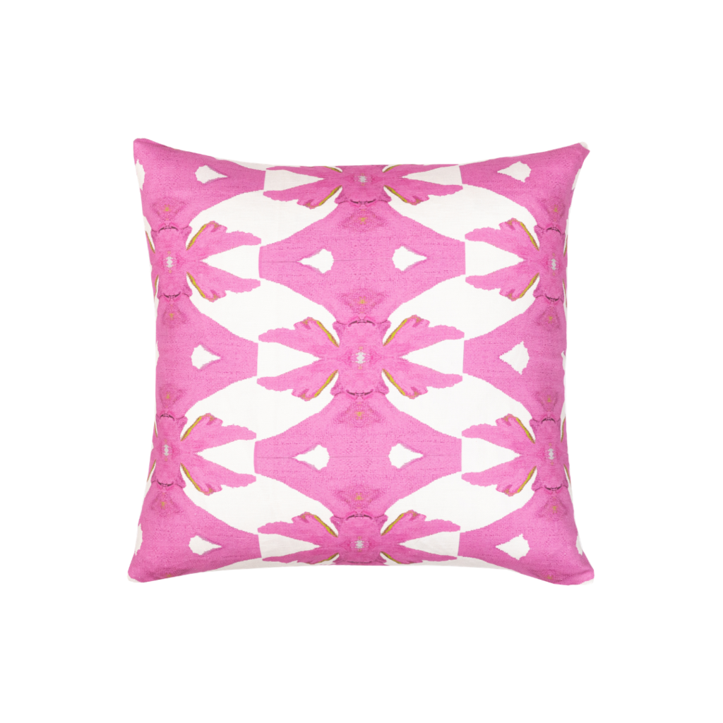 Palm pink linen pillow with bold pink on white background from Laura Park Designs. 22&quot; Square pillow