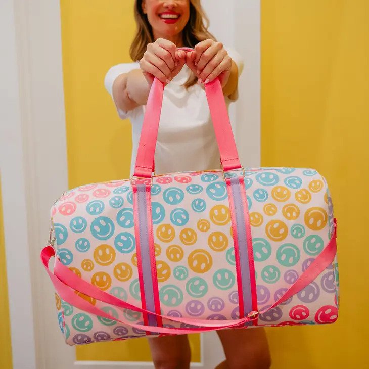 Pastel Happy Face Weekender Bag with muilti-colored pastel happy faces