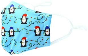 Penguins & Lights kid's mask with Penguins wearing caps stringing Christmas lights side view