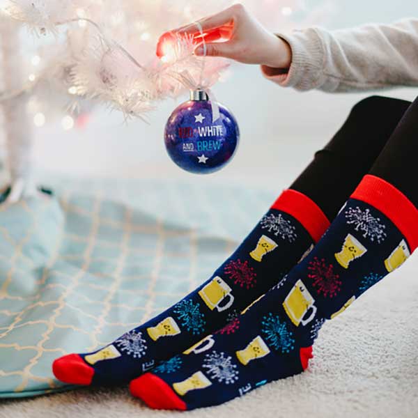 Red, White and Brew Christmas socks and ornament woman hanging ornament
