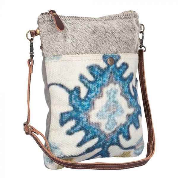 Bewitching Hues Crossbody Bag with eye-catching blue pattern from Myra Bag angled view