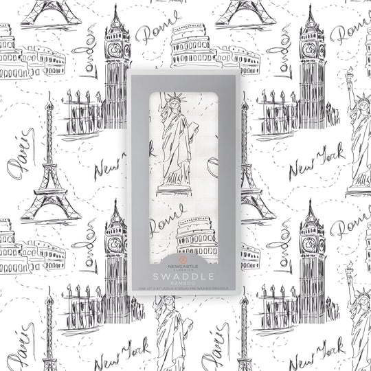London, Paris, New York Bamboo Swaddle with package on top