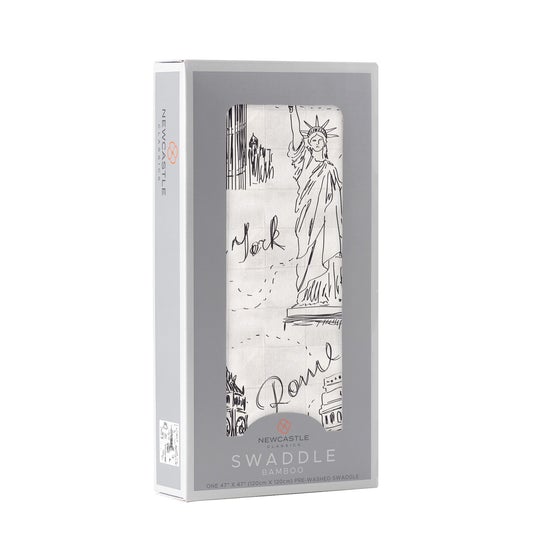 London, Paris, New York Bamboo Swaddle angled package