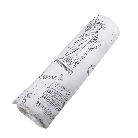 London, Paris, New York Bamboo Swaddle rolled up