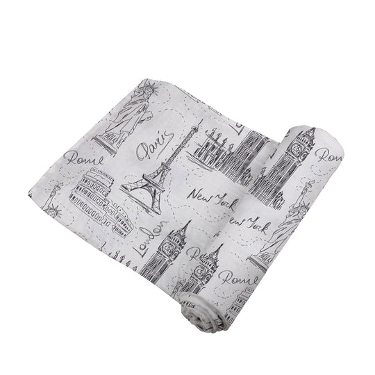 London, Paris, New York Bamboo Swaddle partially rolled out