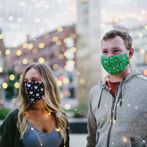 Santa Cat holiday adult face mask with smiling cats in caps couple wearing masks