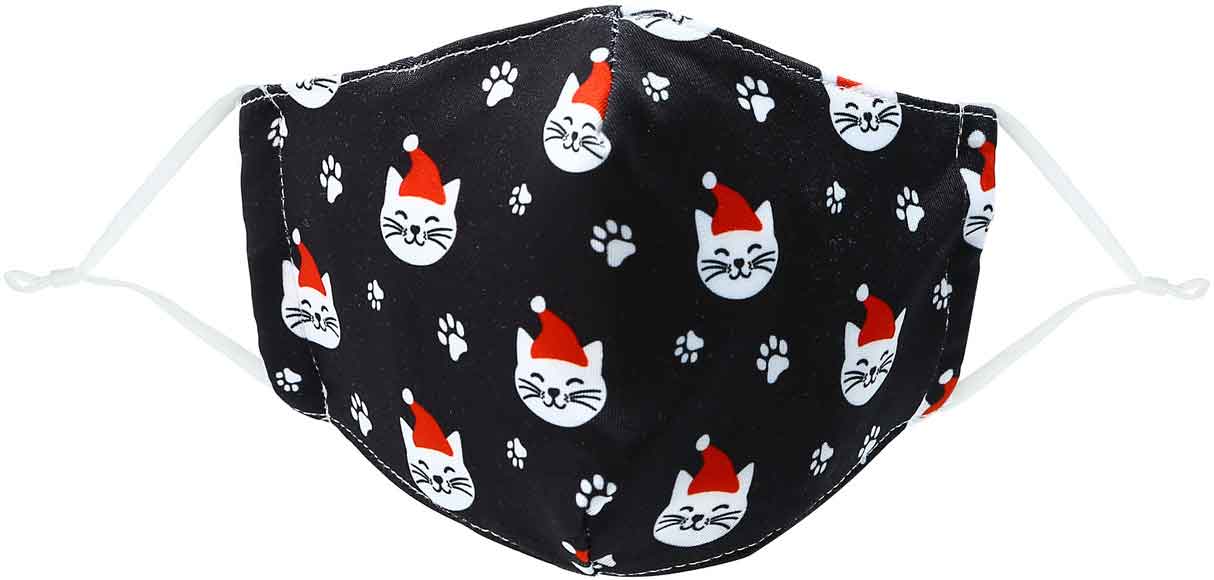 Santa Cat kid's face mask with cats in red caps and paw prints