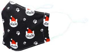 Santa Cat kid's face mask with cats in red caps and paw prints side view