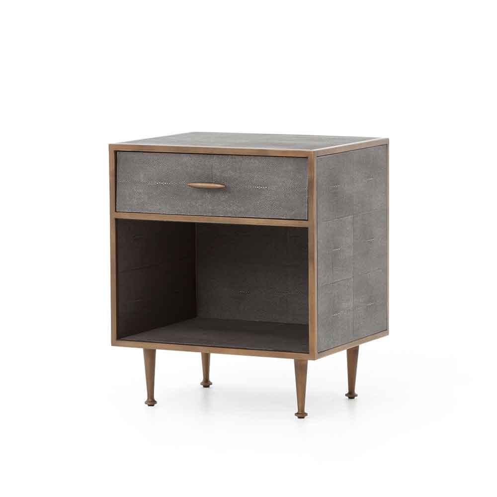 Shagreen bedside table in grey cover with antique brass finish