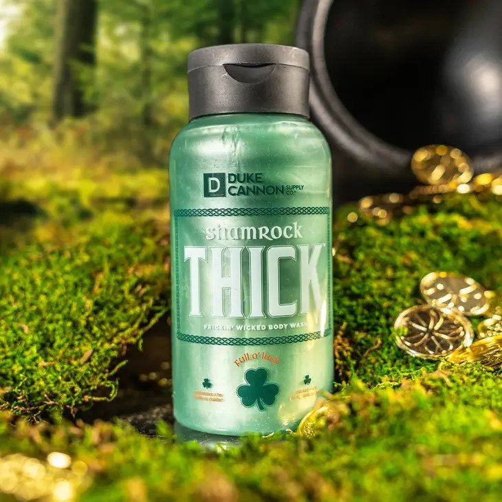 Shamrock THICK Body Wash bottle in an Irish forest setting