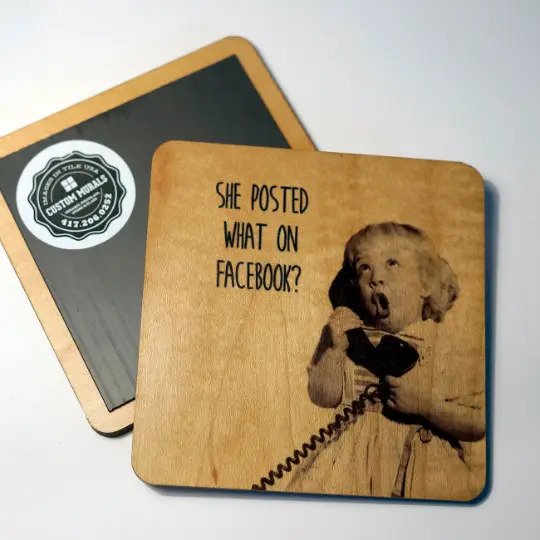 She Posted What On Facebook Wood Coaster has a small girl with astonished expression holding a telephone handset