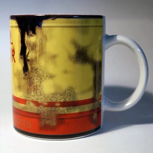 Shell Motor Oil Can Coffee Mug side view with faux oil stains