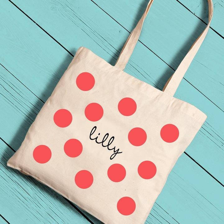 Polka Dot Canvas Tote can be personalized with up to 15 characters