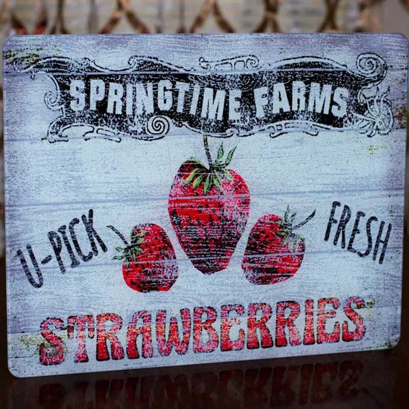 Strawberry Farm Kitchen Cutting Board art looks like a roadside sign