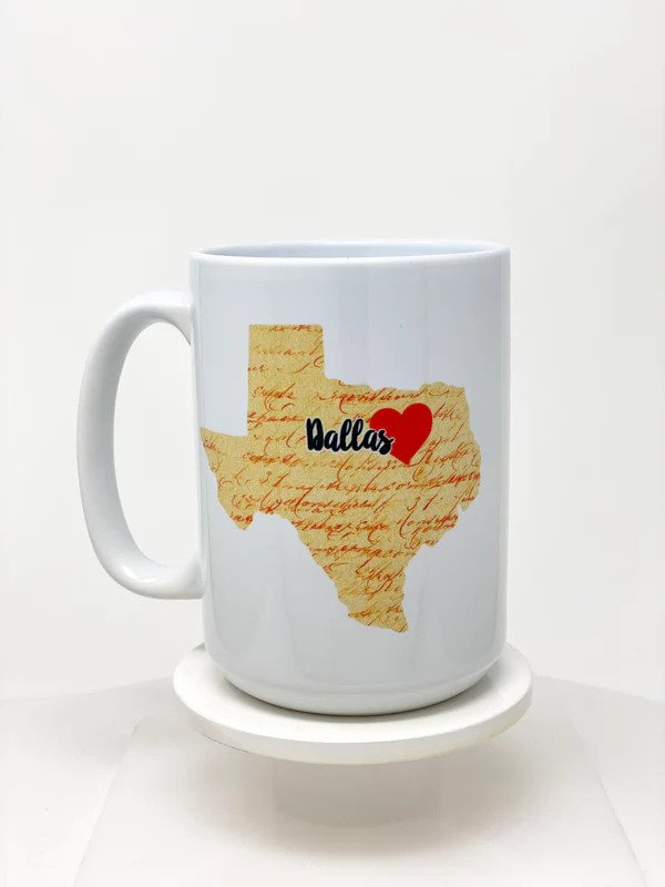Dallas Texas Heart Mug with red heart marking Dallas on gold background of the state of Texas