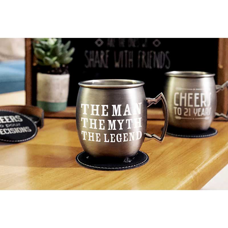 The Legend Moscow Mule stainless steel cup with slogan display