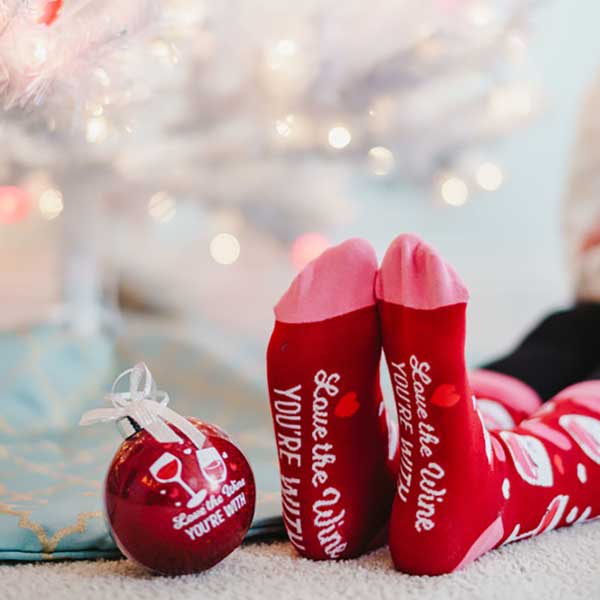 Love The Wine You're With Christmas socks and ornament woman wearing socks