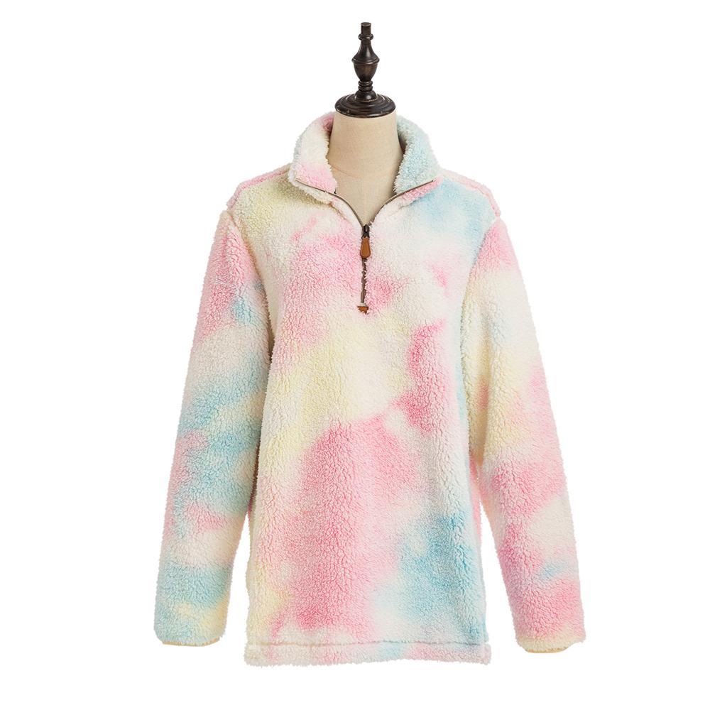 Tie Dye Faux Fur Women's Sherpa Pullover (#1) 3/4 zipper pull
