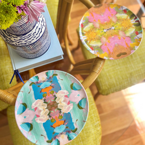 Jardn Yellow and Monet's Garden Blue Melamine Plates in ifestyle settings
