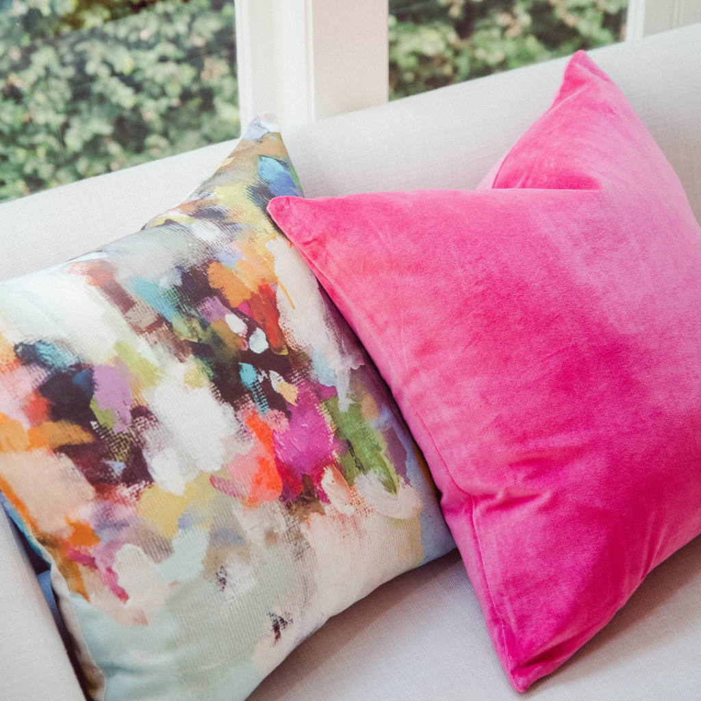 Hot Pink Solid Velvet Pillow pairs perfectly with the bold signature patterns