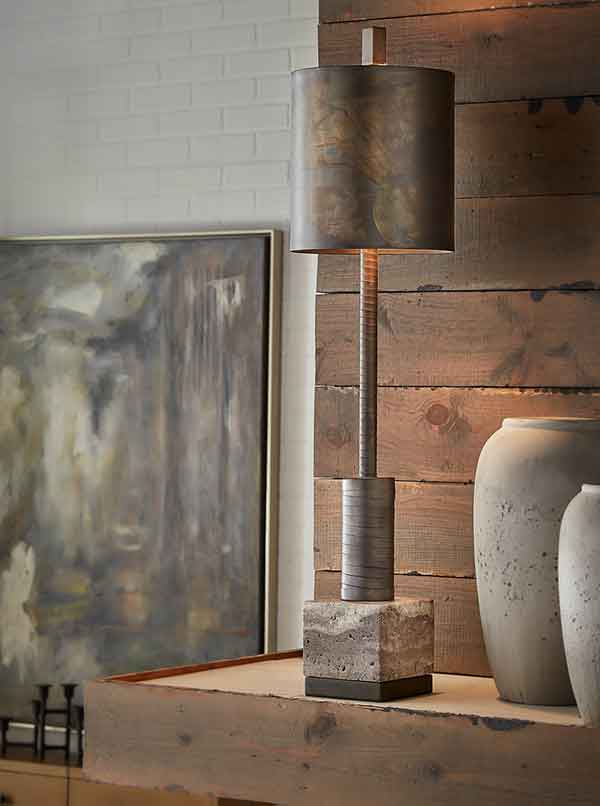 Circuit Lamp in iron and marble with scorched bronze finish from WIldwood lifestyle setting