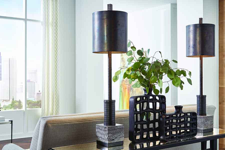 Circuit Lamp in iron and marble with scorched bronze finish from WIldwood lifestyle setting closeup